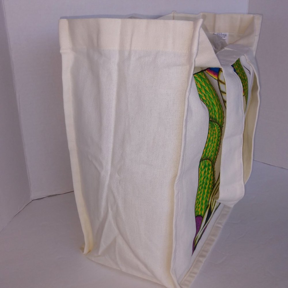 Hand-Painted Cow Skull Tote Bag: Desert Cactus Scene 14x13x7 - Picture 7 of 16